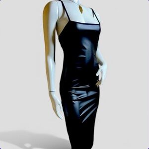 Faux Leather Black Dress with Side Slit Size S Midi